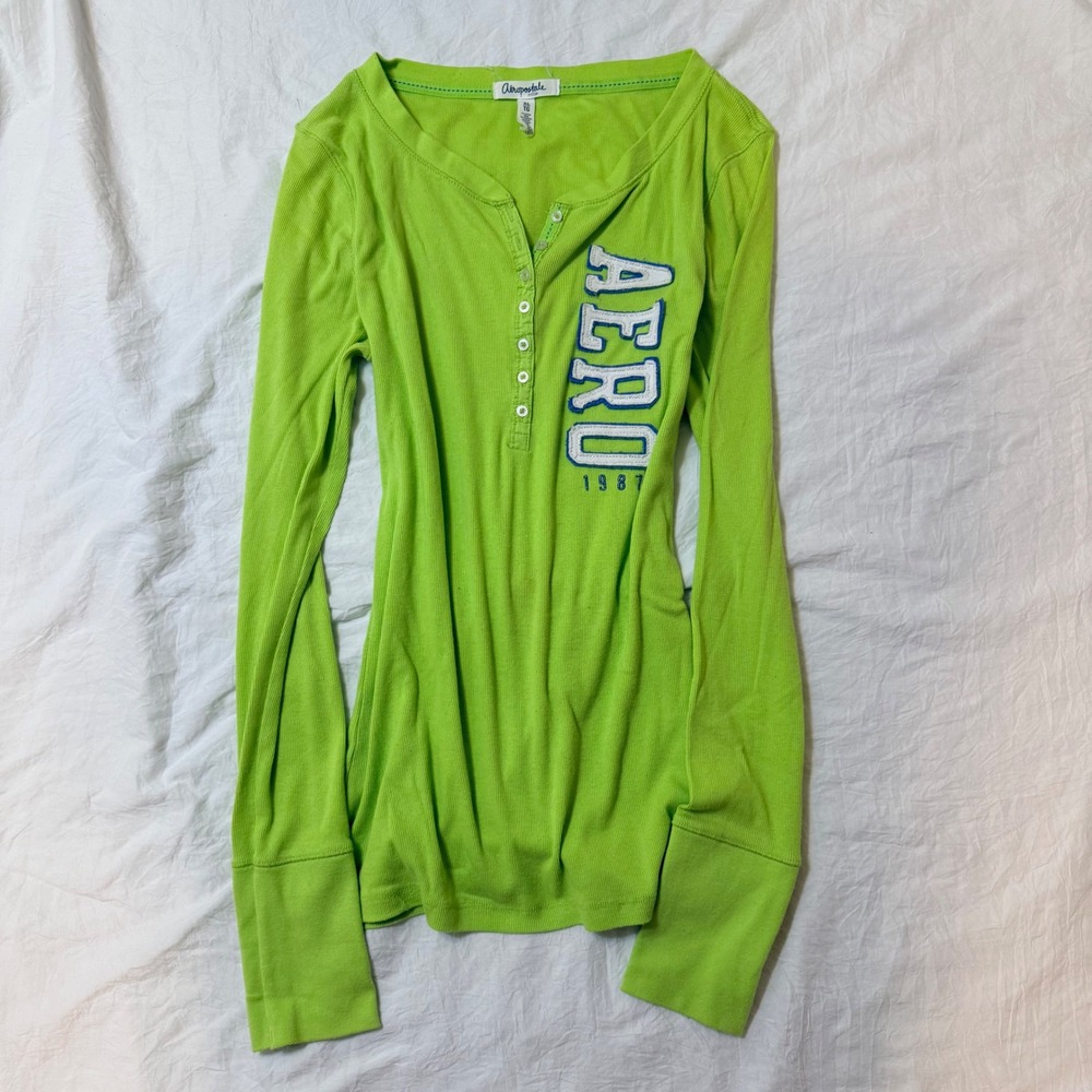 Aeropostale Womens XL Lime Green Ribbed Henley Long Sleeve Graphic Shirt